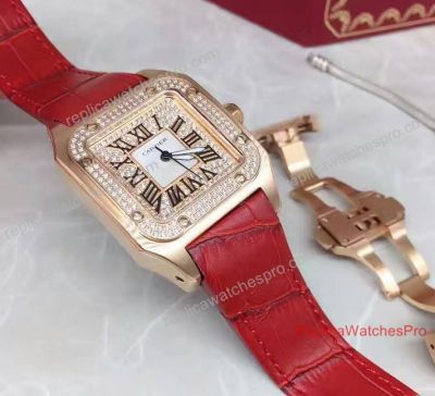 Clone Cartier Santos 100 Diamond Bezel Rose Gold Red Leather Band 36mm Watch